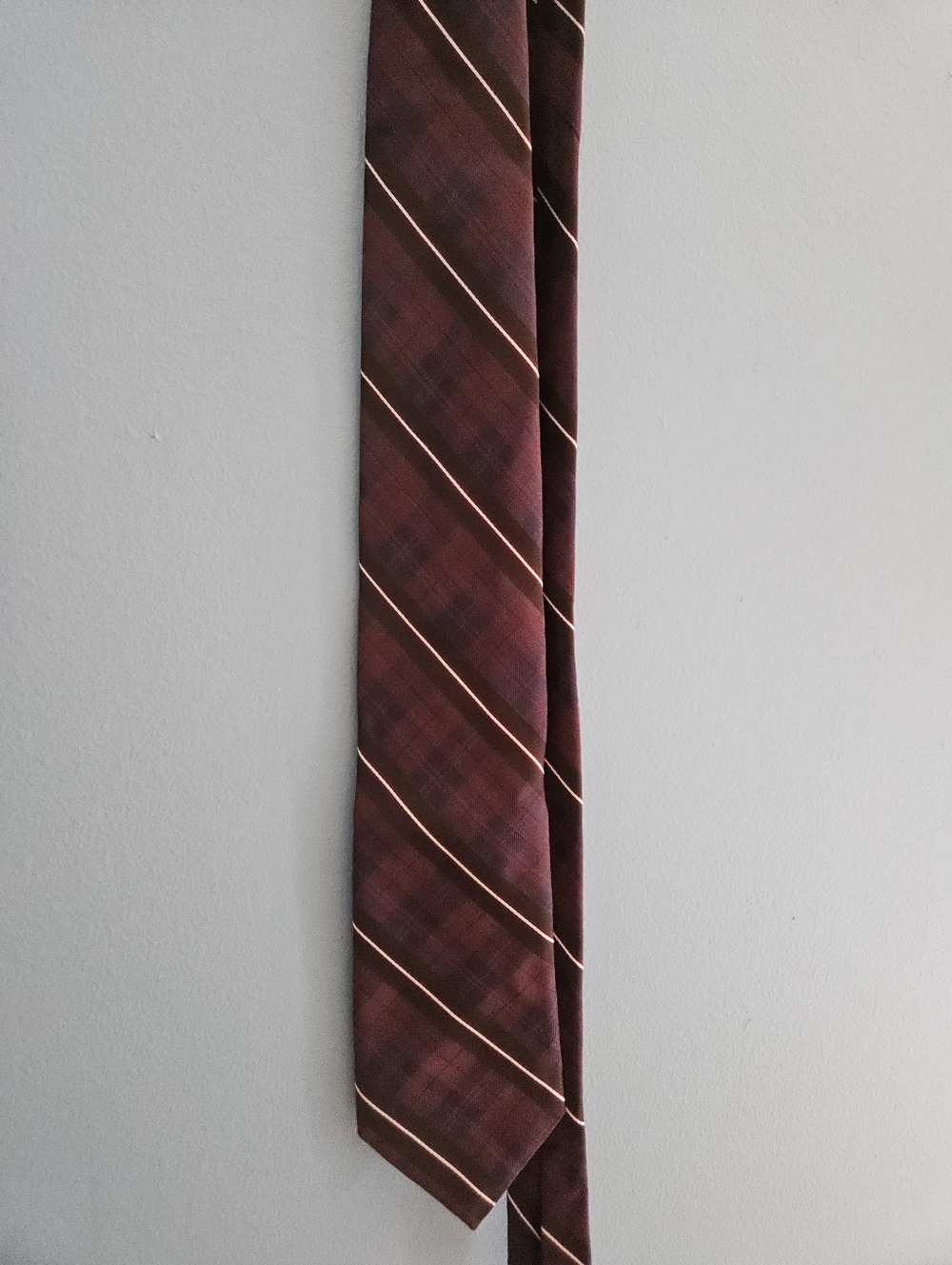 Hart Schaffner Marx Silk Wool Tie Plaid Striped Burgundy Brown HSM Hand Tailored